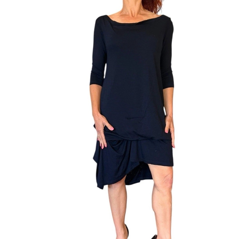 Morgane Le Fay Dress Wool Navy 3/4 Sleeve Draped Asymmetric Mini Lagenlook XS